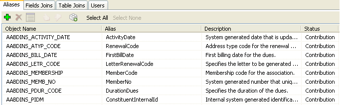 Data Dictionary with many entries.  The object name, alias, description, and status is shown for each imported item.